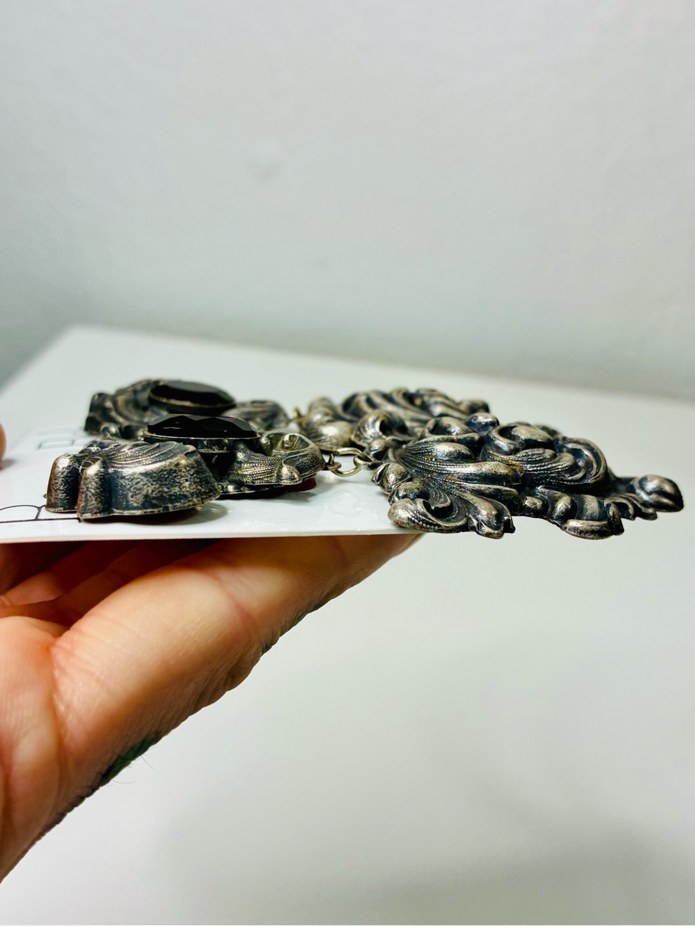 Banana Bob Baroque Scroll Drop Clip Earrings Black Faceted Cabochons 90s Runway - Picture 2 of 12